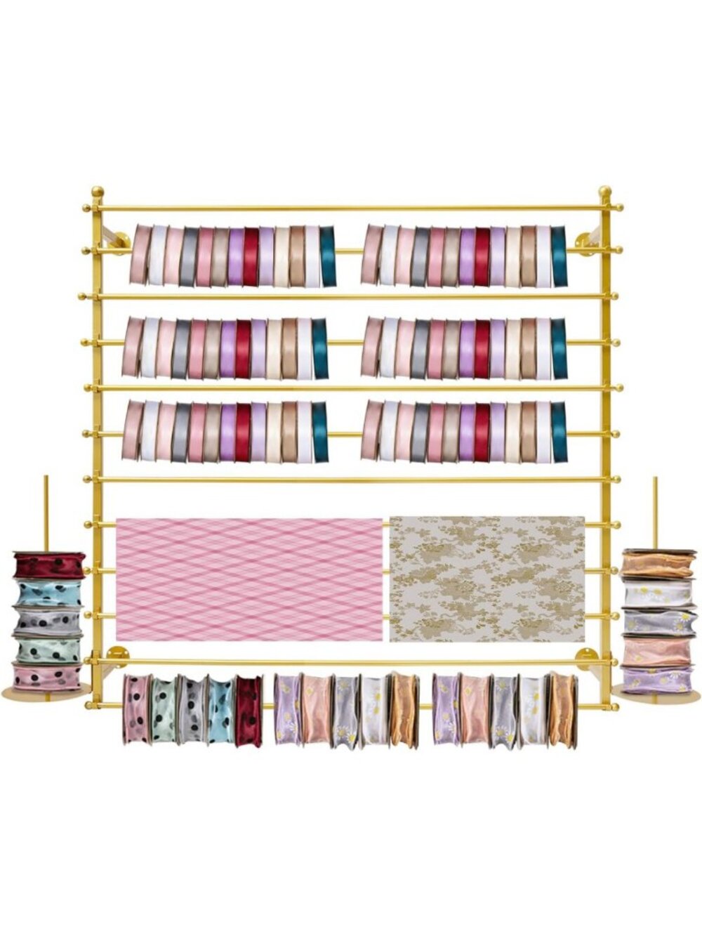 Wall-Mounted Ribbon Storage Organizer with 12 Removable Rods - Craft Room & Gift